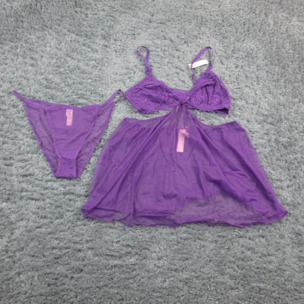 Victoria's Secret Babydoll Pajama Set Womens 2XL Purple Mesh Lace 2 Piece NWT